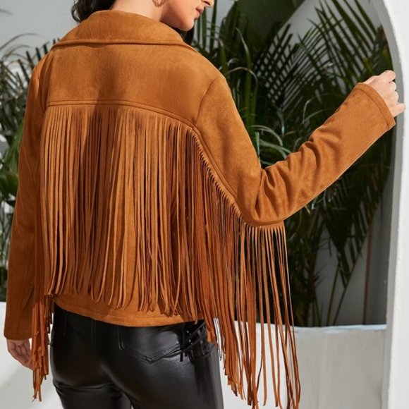 Jackets & Blazers - Boho Western Zip Up Fringe Trim Jacket camel